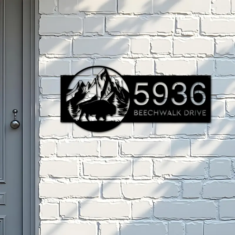 Custom Metal Bison buffalo on mountain Metal Address Sign, House number, Outdoor Number Signage, Yard Sign Address Plate