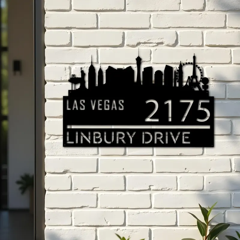 Custom Metal Las Vegas city skyline Metal Address Sign Hanging Address Plaque house number Yard Outdoor Sign