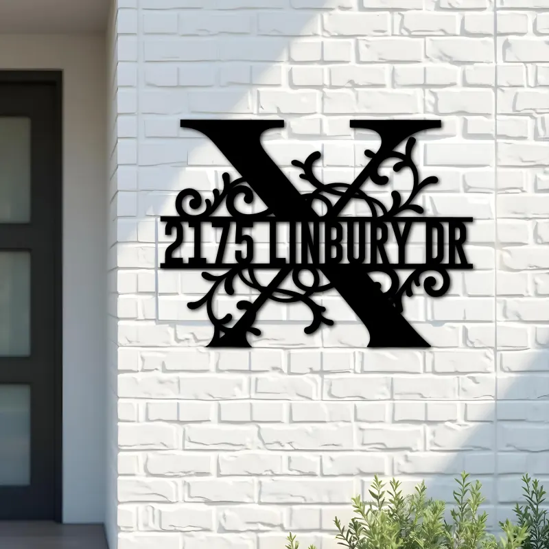 Custom Metal Floral Monogram Split Letter X Metal Address Sign House number Hanging Address Plaque Yard Sign Outdoor decor
