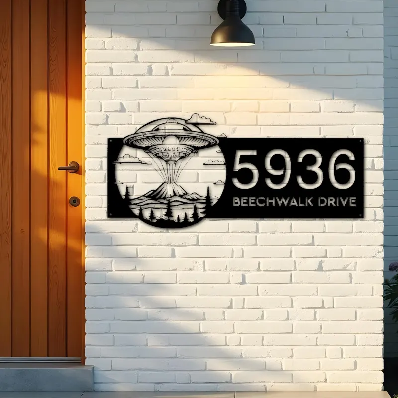 Custom Metal UFO Spaceship Metal Address Sign, House number, Outdoor Number Signage, Yard Sign Address Plate