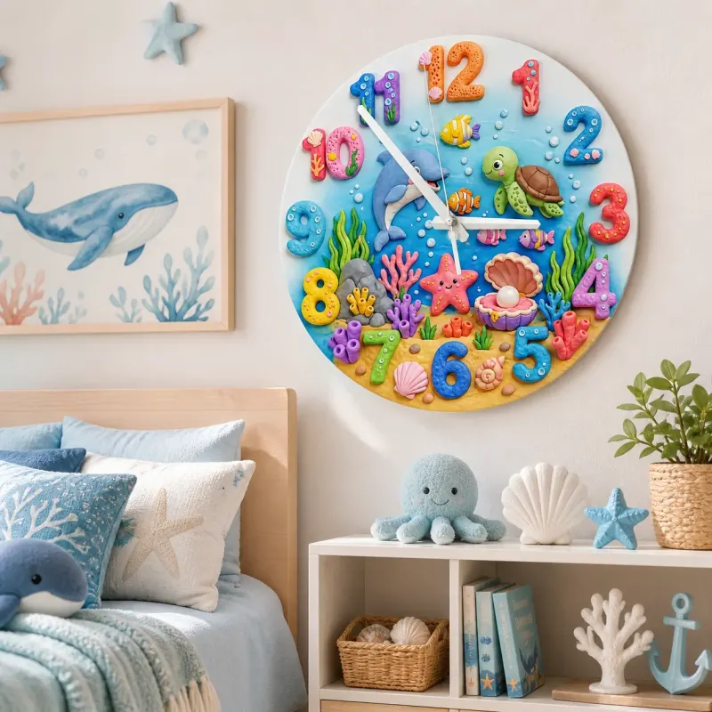 Wanduhr Unterwasserwelt für Kinderzimmer | Ozean-Tier-Dekoration für die Nursery, Geschenk zur Babyparty oder Geburtstag (34,5 cm)