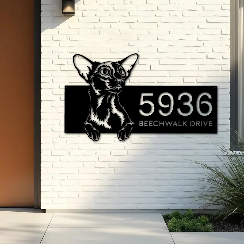 Custom Metal Oriental Shorthair Cute peeking cat Metal Address Sign, House number, Outdoor Number Signage, Yard Sign Address Plate