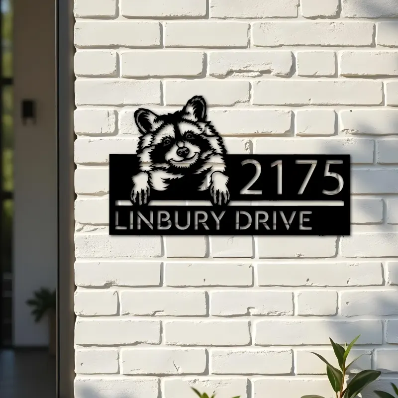 Custom Metal Peeking Raccoon Wild animal wildlife Metal Address Sign, House number, Outdoor Number Signage, Yard Sign Address Plate
