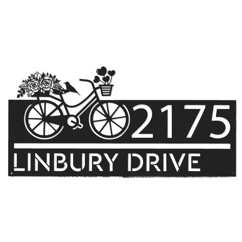 Custom Metal Bicycle with flower and hearts Metal Address Sign, House number, Outdoor Number Signage, Yard Sign Address Plate