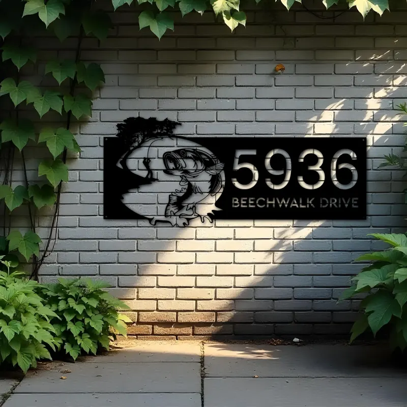 Custom Metal Bass fishing fisherman Metal Address Sign, House number, Outdoor Number Signage, Yard Sign Address Plate001