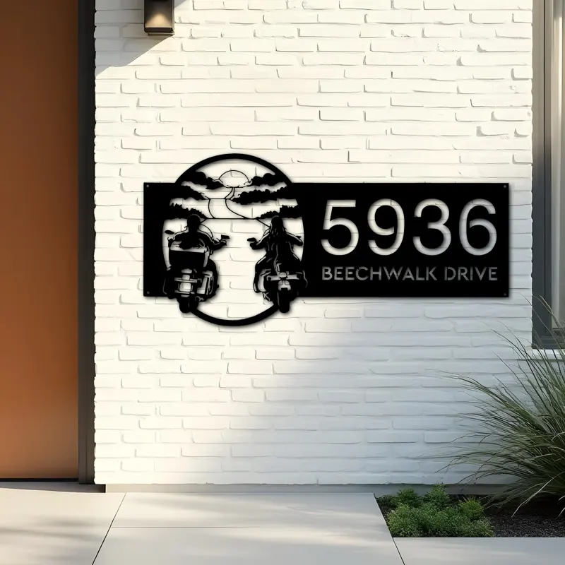 Custom Metal Biker brothers sunset Motocycle rider Metal Address Sign, House number, Outdoor Number Signage, Yard Sign Address Plate