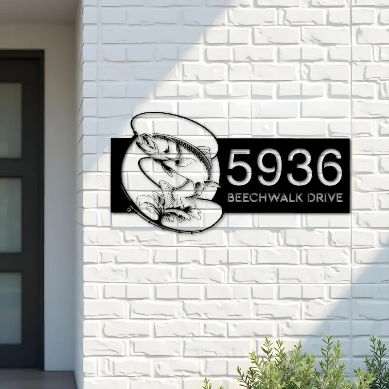 Custom Metal Trout fishing rod bait hook Metal Address Sign, House number, Outdoor Number Signage, Yard Sign Address Plate