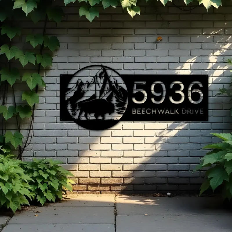 Custom Metal Bison buffalo on mountain Metal Address Sign, House number, Outdoor Number Signage, Yard Sign Address Plate