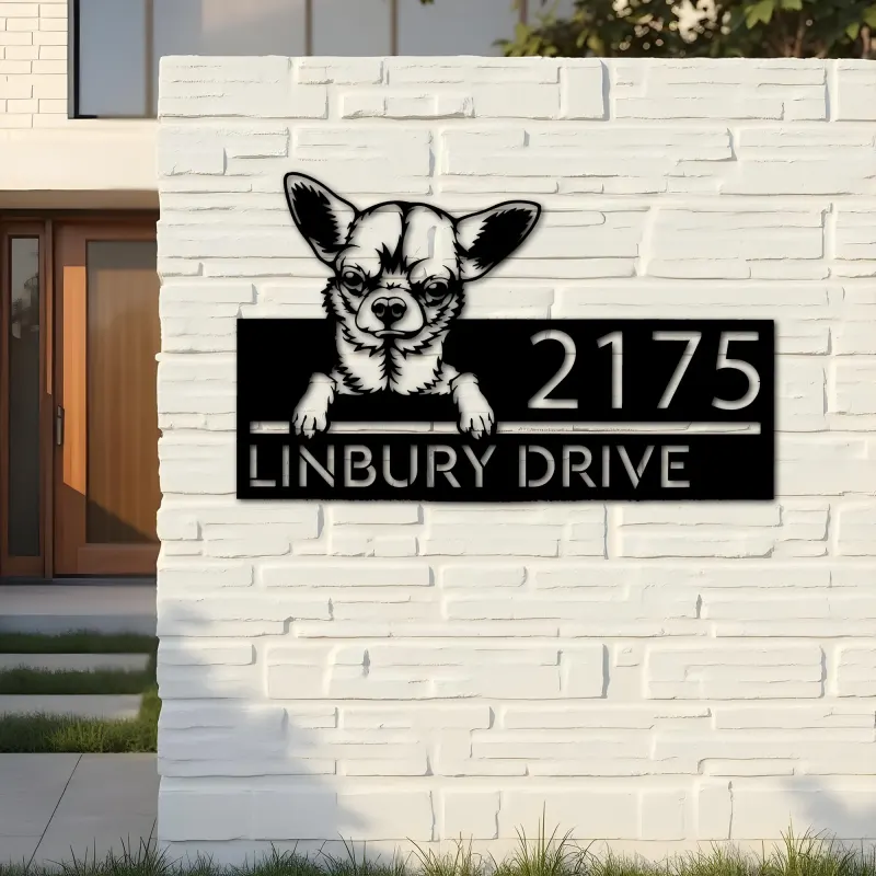 Custom Metal Chihuahua dog Puppy Metal Address Sign House number Hanging Address Plaque Yard Sign Outdoor decor