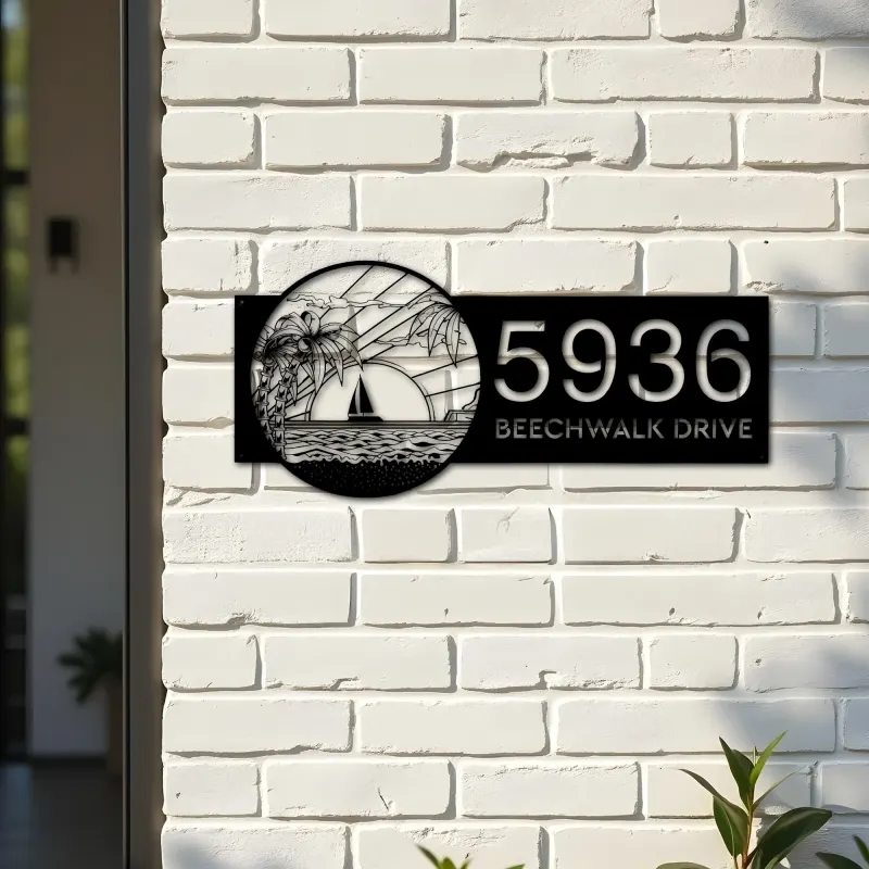 Custom Metal Island sea scene coconut tree Metal Address Sign, House number, Outdoor Number Signage, Yard Sign Address Plate