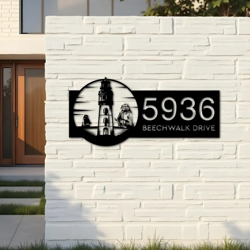 Custom Metal Lighthouse and ship sea adventure Metal Address Sign, House number, Outdoor Number Signage, Yard Sign Address Plate