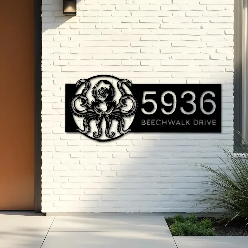 Custom Metal Octopus in diving helmet Metal Address Sign, House number, Outdoor Number Signage, Yard Sign Address Plate