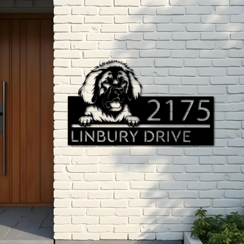 Custom Metal Leonberger dog Puppy Metal Address Sign House number Hanging Address Plaque Yard Sign Outdoor decor