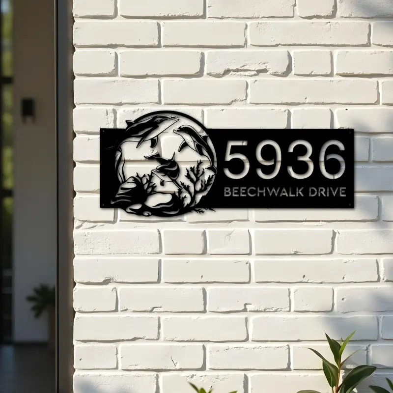 Custom Metal Ocean scene sea life dolphins Metal Address Sign, House number, Outdoor Number Signage, Yard Sign Address Plate