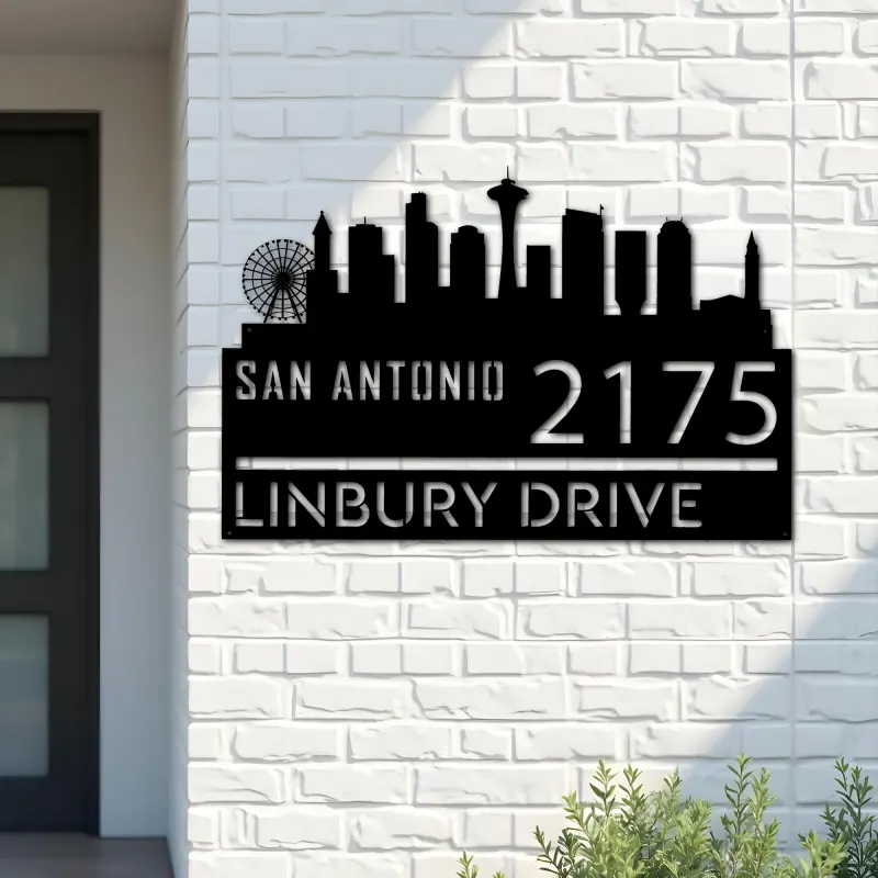 Custom Metal San Antonio city skyline Metal Address Sign Hanging Address Plaque house number Yard Outdoor Sign