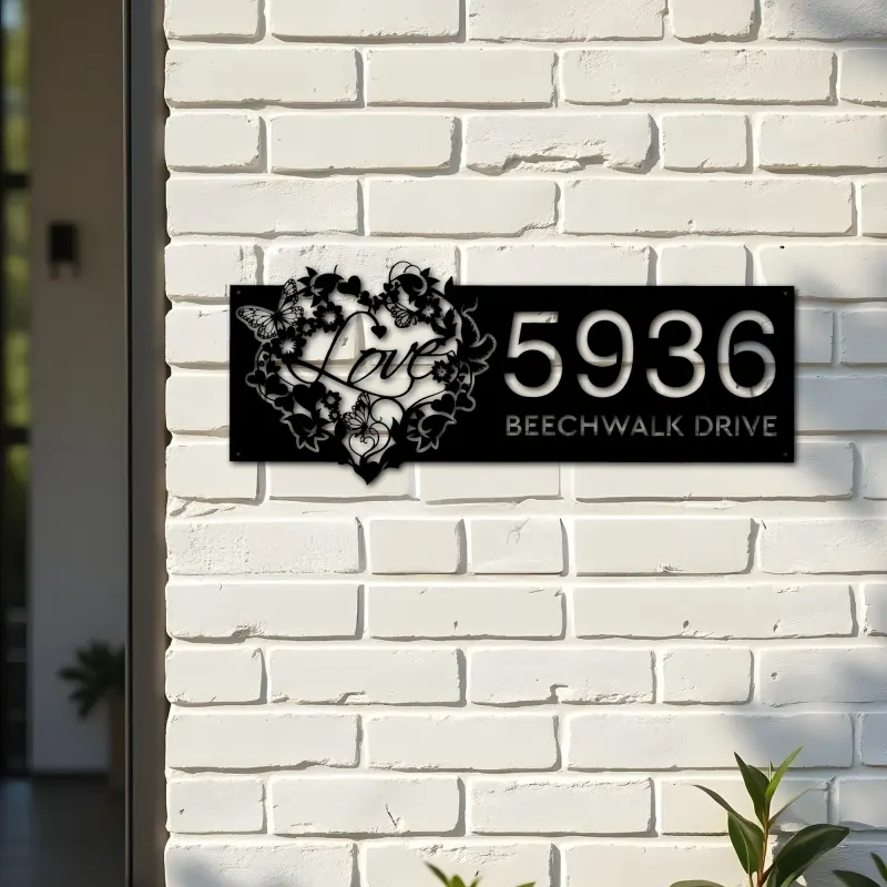 Custom Metal Floral Love heart butterfly Metal Address Sign, House number, Outdoor Number Signage, Yard Sign Address Plate