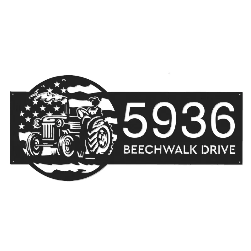 Custom Metal Farmer on tractor on US flag Metal Address Sign, House number, Outdoor Number Signage, Yard Sign Address Plate