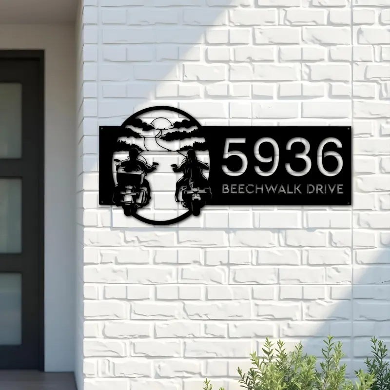 Custom Metal Biker brothers sunset Motocycle rider Metal Address Sign, House number, Outdoor Number Signage, Yard Sign Address Plate