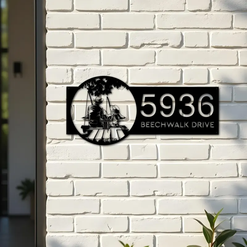 Custom Metal Father and daughter go fishing Metal Address Sign Custom House number Hanging Address Plaque Yard Sign Outdoor