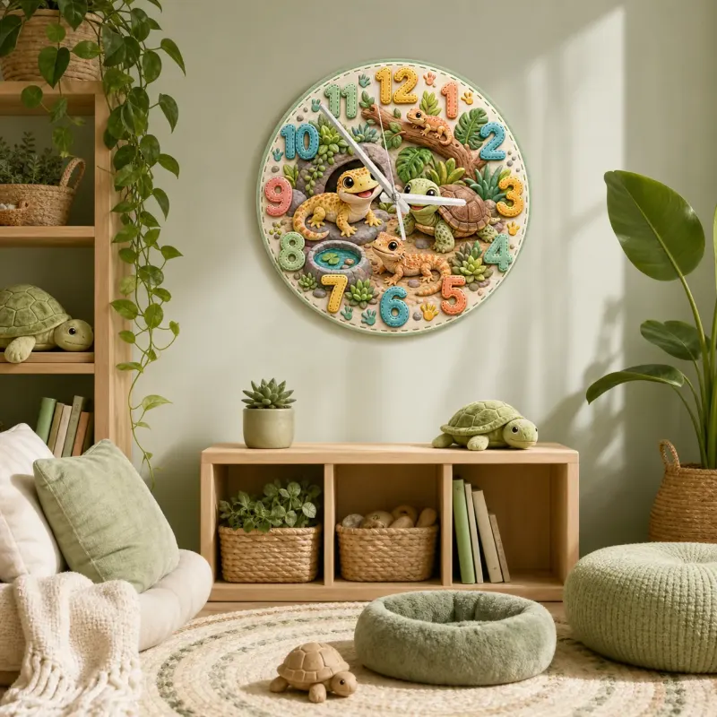 Niedliche Reptilien und Schildkröten Wanduhr für Kinderzimmer | Wüsten-Eidechsen Dekoration, Geschenkidee zum Geburtstag für kleine Jungen (34,5 cm)