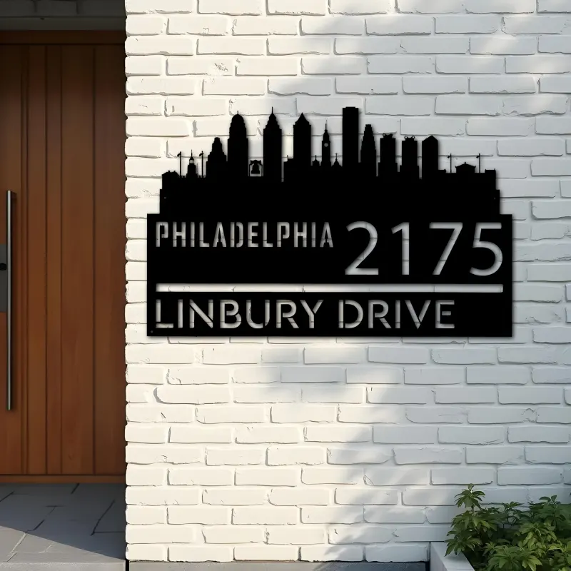 Custom Metal Philadelphia city skyline Metal Address Sign Hanging Address Plaque house number Yard Outdoor Sign