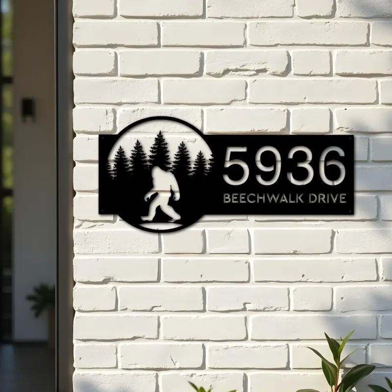 Custom Metal Bigfoot Sasquatch forest Metal Address Sign, House number, Outdoor Number Signage, Yard Sign Address Plate