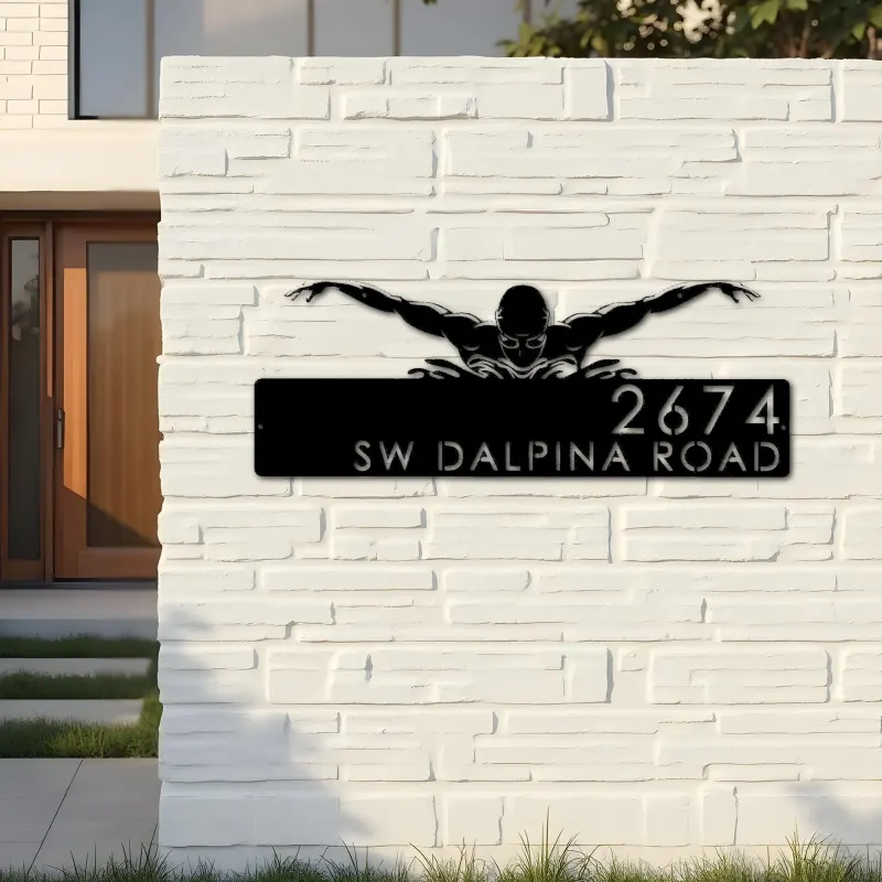 Custom Metal Swimmer Swimming pool summer sport Metal Address Sign, House number, Outdoor Number Signage, Yard Sign Address Plate