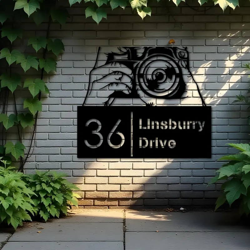 Custom Metal Hands holding camera photography Metal Address Sign, House number, Outdoor Number Signage, Yard Sign Address Plate