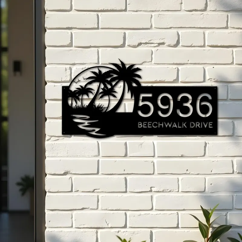 Custom Metal Beach Scene Summer Palm Tree Metal Address Sign, House number, Outdoor Number Signage, Yard Sign Address Plate