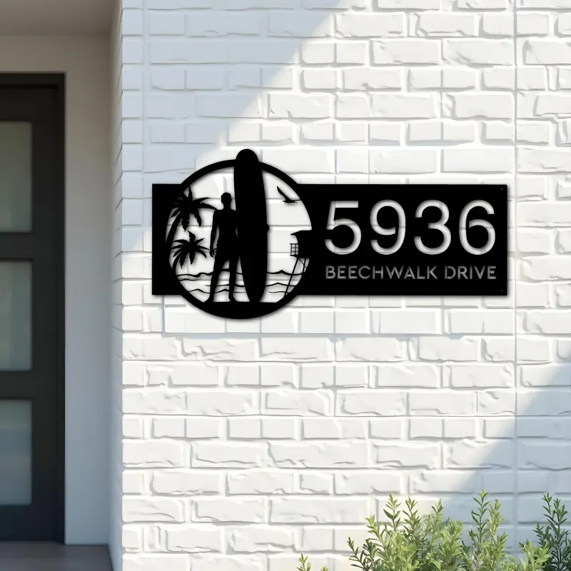 Custom Metal Longboard male Surfer Metal Address Sign, House number, Outdoor Number Signage, Yard Sign Address Plate