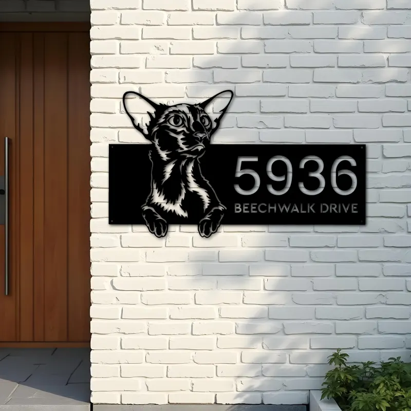 Custom Metal Oriental Shorthair Cute peeking cat Metal Address Sign, House number, Outdoor Number Signage, Yard Sign Address Plate