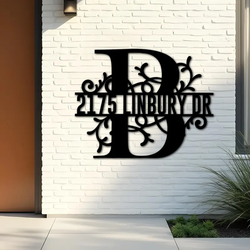 Custom Metal Floral Monogram Split Letter B Metal Address Sign House number Hanging Address Plaque Yard Sign Outdoor decor