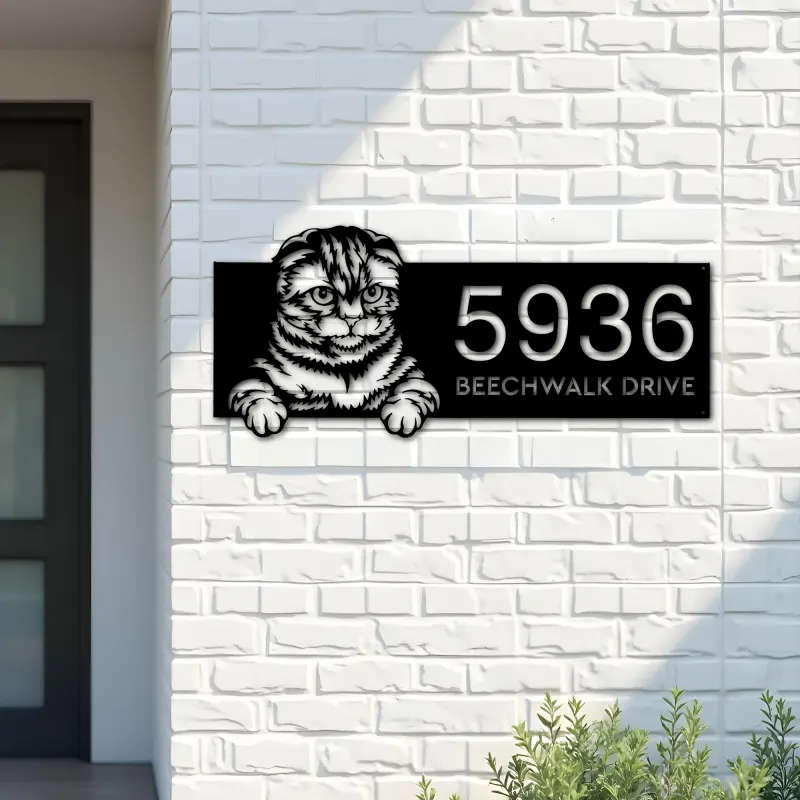 Custom Metal Scottish fold Cute peeking cat Metal Address Sign, House number, Outdoor Number Signage, Yard Sign Address Plate