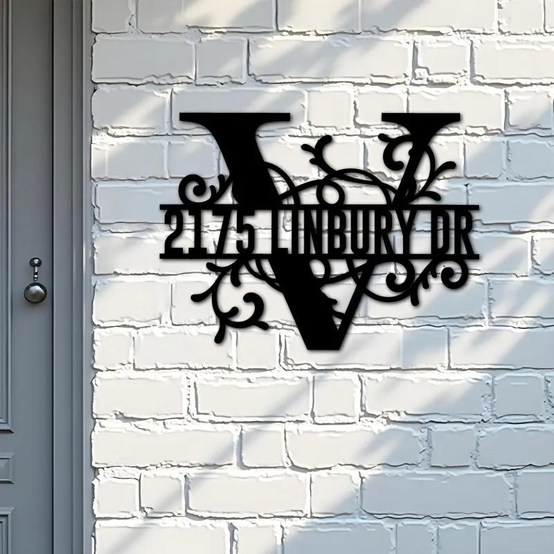 Custom Metal Floral Monogram Split Letter V Metal Address Sign House number Hanging Address Plaque Yard Sign Outdoor decor