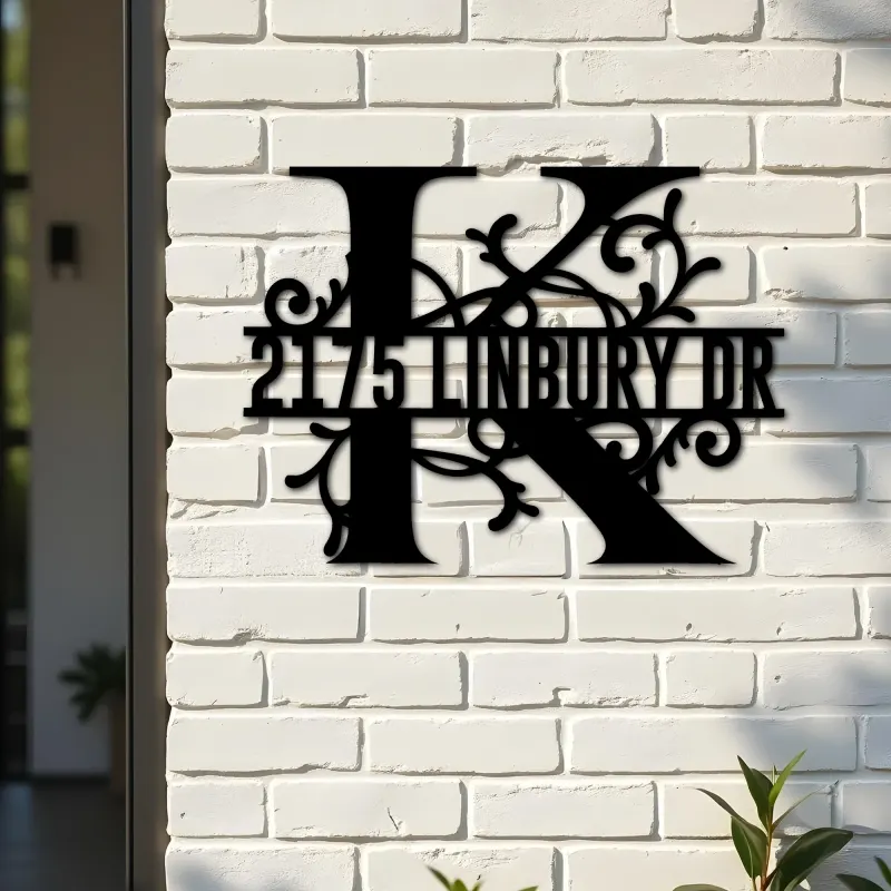 Custom Metal Floral Monogram Split Letter K Metal Address Sign House number Hanging Address Plaque Yard Sign Outdoor decor