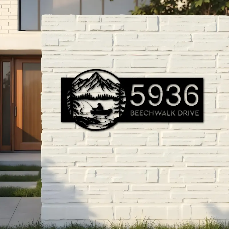Custom Metal Fishing on Boat Metal Address Sign Custom House number Hanging Address Plaque Yard Sign Outdoor