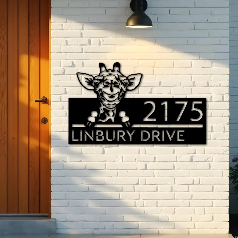 Custom Metal Peeking Giraffe Wild animal wildlife Metal Address Sign, House number, Outdoor Number Signage, Yard Sign Address Plate