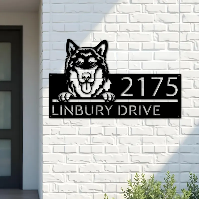 Custom Metal Alaskan Malamute dog cute puppy Metal Address Sign House number Hanging Address Plaque Yard Sign Outdoor decor