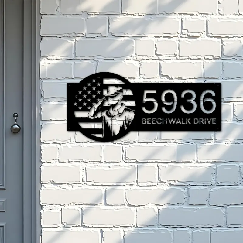 Custom Metal US Army Salute American Soldier US flag Metal Address Sign House number Hanging Address Plaque Yard Sign Outdoor
