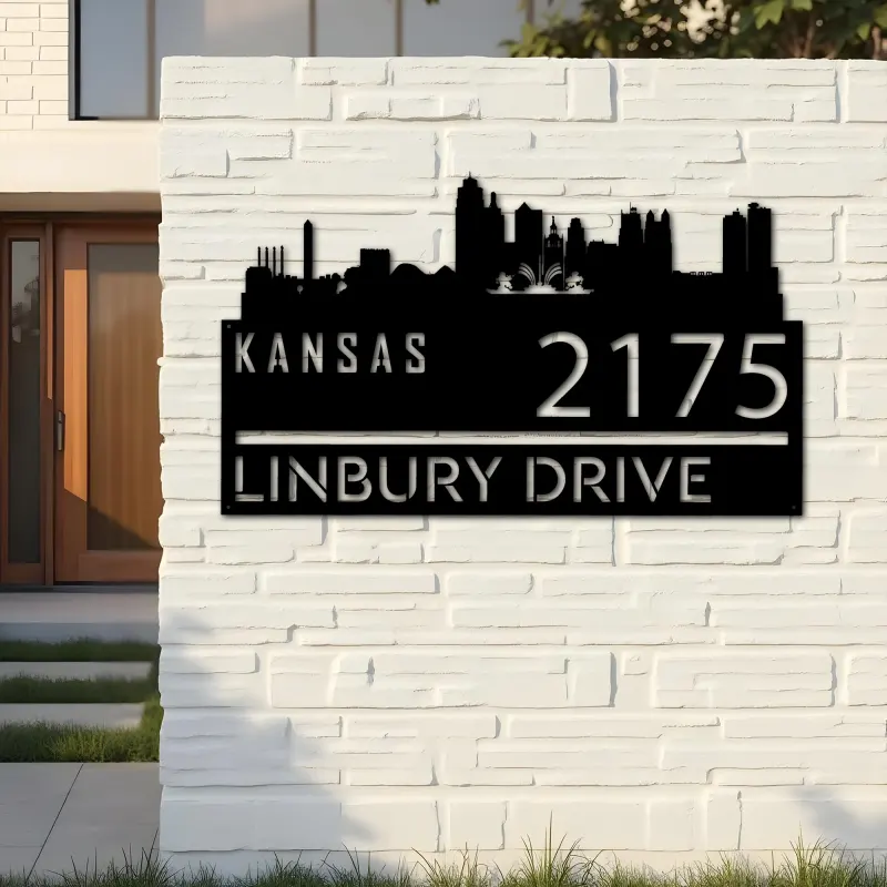 Custom Metal Kansas city skyline Metal Address Sign Hanging Address Plaque house number Yard Outdoor Sign