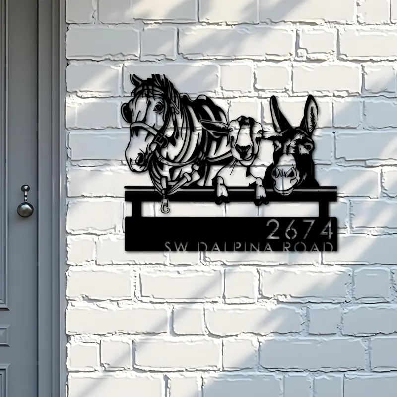 Custom Metal Horse Mule Goat farmhouse farm animals Metal Address Sign, House number, Outdoor Number Signage, Yard Sign Address Plate