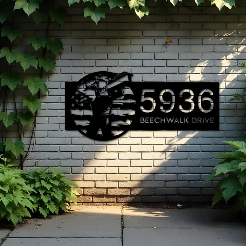 Custom Metal Construction worker US flag Metal Address Sign, House number, Outdoor Number Signage, Yard Sign Address Plate