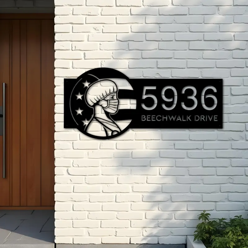Custom Metal American Nurse Wearing Mask Metal Address Sign, House number, Outdoor Number Signage, Yard Sign Address Plate