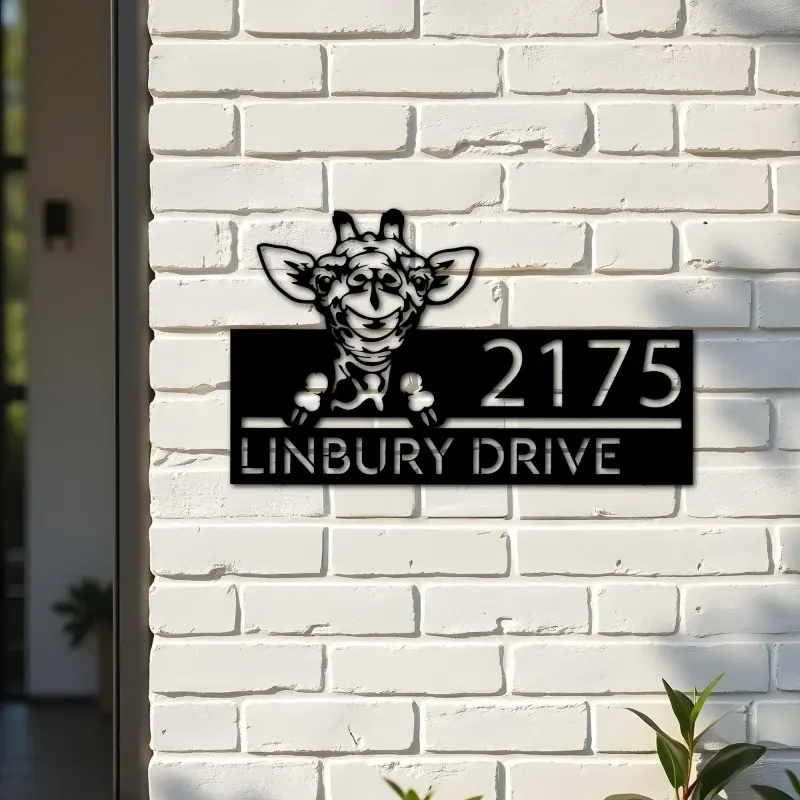 Custom Metal Peeking Giraffe Wild animal wildlife Metal Address Sign, House number, Outdoor Number Signage, Yard Sign Address Plate