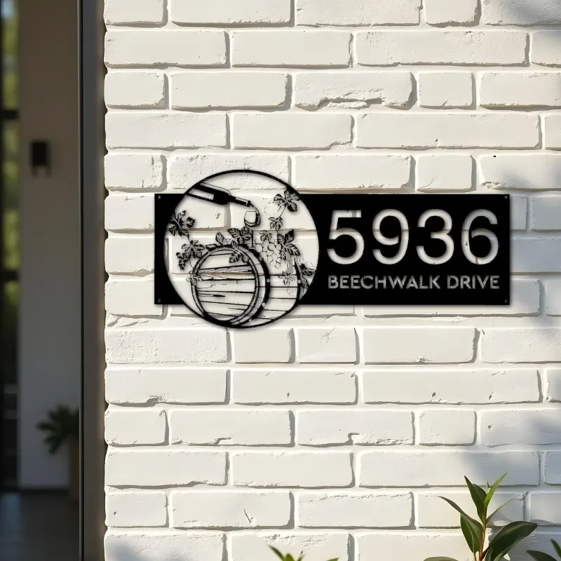 Custom Metal Wine barrel bottle grapes Metal Address Sign, House number, Outdoor Number Signage, Yard Sign Address Plate