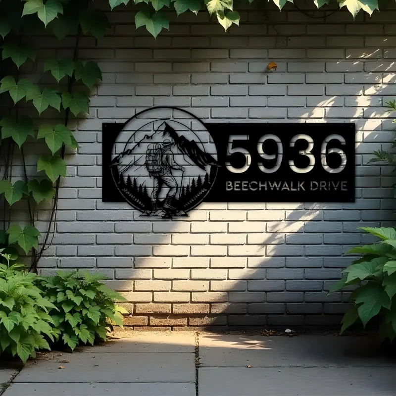 Custom Metal Hiker Camping mountain climbing Metal Address Sign, House number, Outdoor Number Signage, Yard Sign Address Plate