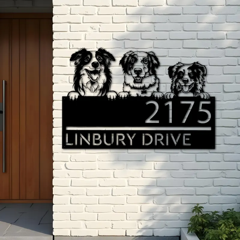 Custom Metal Australian shepherd dogs puppy Metal Address Sign House number Hanging Address Plaque Yard Sign Outdoor decor