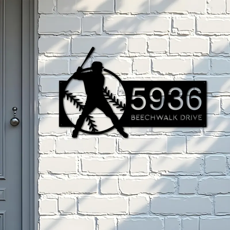 Custom Metal Baseball player Sport Metal Address Sign, House number, Outdoor Number Signage, Yard Sign Address Plate002