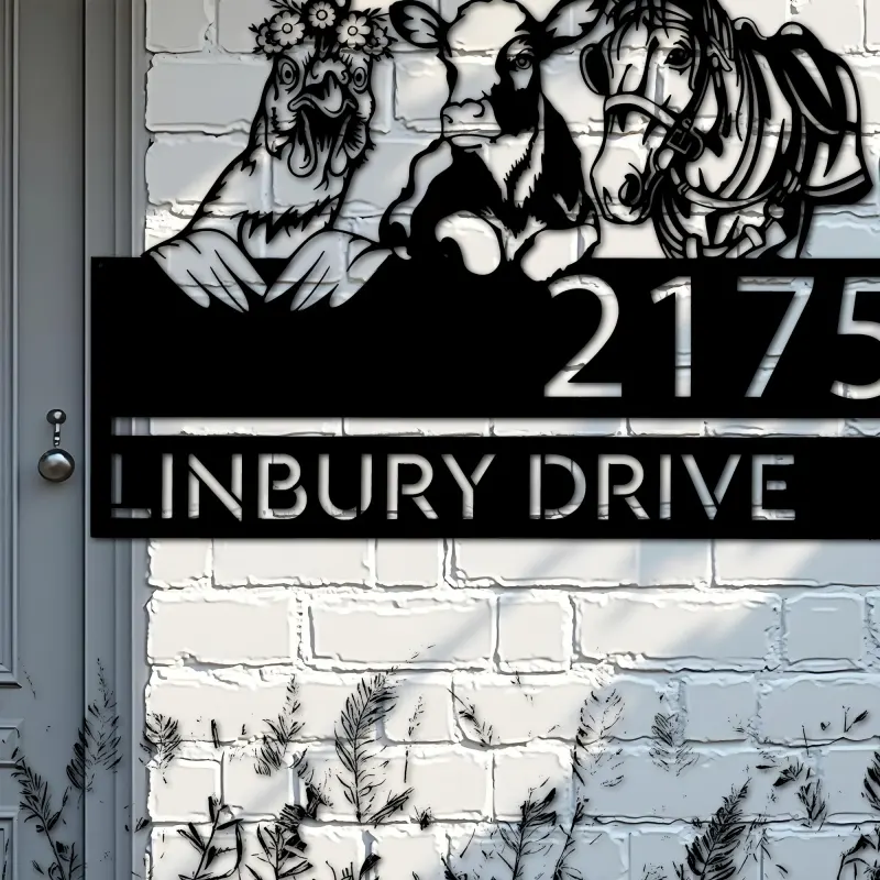 Custom Metal Chicken Cow horse farmhouse farm animals Metal Address Sign, House number, Outdoor Number Signage, Yard Sign Address Plate