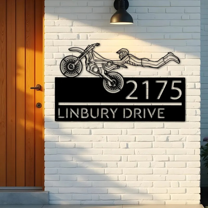 Custom Metal Motocross dirtbike biker Metal Address Sign, House number, Outdoor Number Signage, Yard Sign Address Plate
